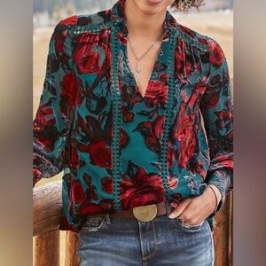 Sundance Teal and Red Floral Blouse